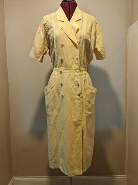 Vintage Eccentric 80s Yellow Midi Dress – Double Breasted – Size 7 / M